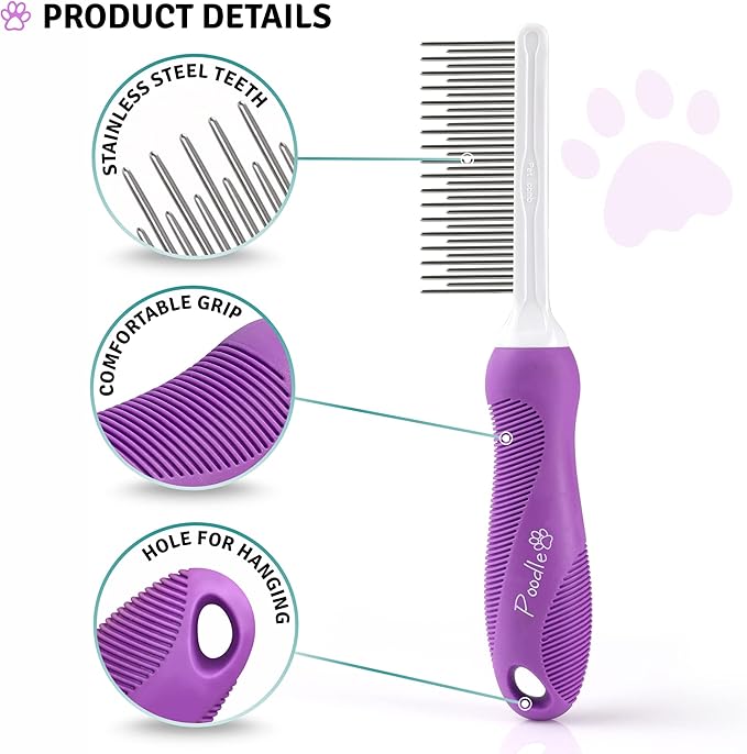 Poodle Pet Detangling Pet Comb with Long & Short Stainless Steel Teeth for Removing Matted Fur, Knots & Tangles – Detangler Tool Accessories for Safe & Gentle DIY Dog & Cat Grooming - AquaVibe