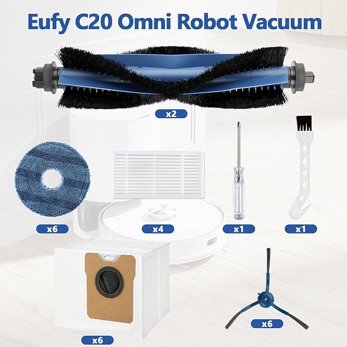 28 Pack C20 Omni Replacement Parts Accessories for Eufy C20 Omni Robot Vacuum Kit, 2 Roller Brush, 4 HEPA Filters, 6 Mop Pads, 6 Dust Bags, 8 Side Brushes,1 Cleaning Brush 1 Screwdriver - AquaVibe