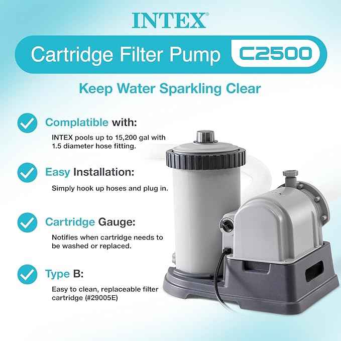 Intex C2500 Krystal Clear Cartridge Filter Pump for Above Ground Pools: 2500 GPH Pump Flow Rate – Improved Circulation and Filtration – Easy Installation – Improved Water Clarity – Easy-to-Clean