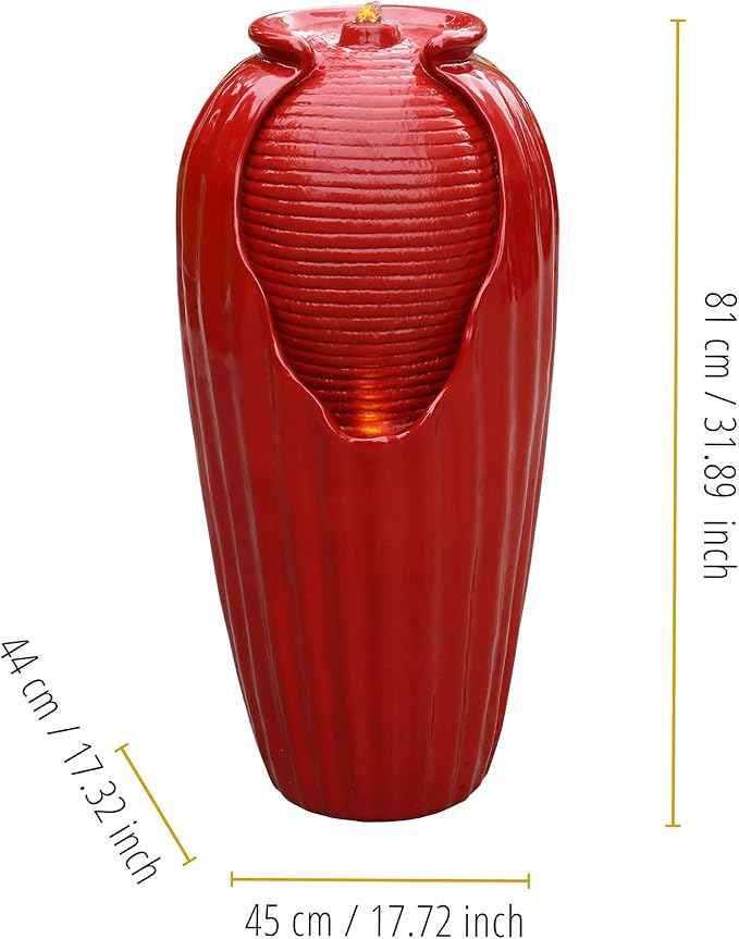 Teamson Home Glazed Vase Floor Freestanding Water Fountain with LED Lights and Pump for Outdoor Patio Backyard Deck Plant Garden Décor, 32 Inch Height, Red