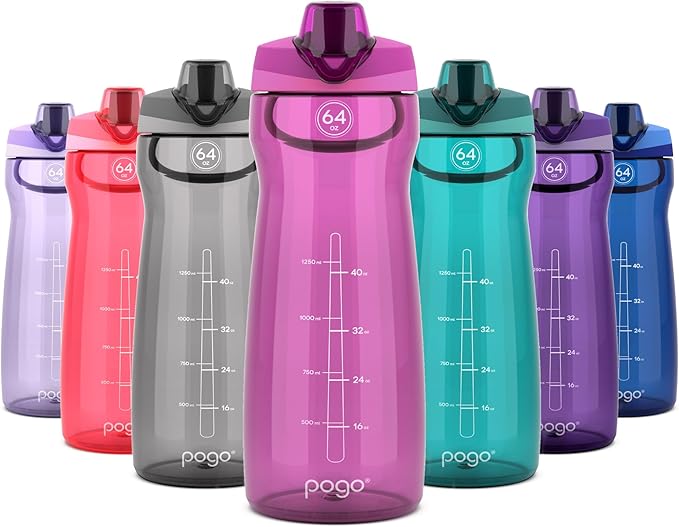 Pogo 64oz Plastic Water Bottle with Leak-Proof Chug Lid and Carry Handle, Reusable, BPA Free, Capacity Markings, Dishwasher Safe, Perfect for Travel, School, Outdoors, and Gym, Fuchsia