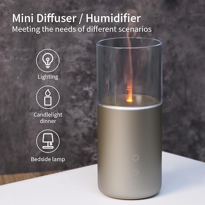 Essential Oil Diffuser, Candlelight Flame Effect with Cool Mist Small Humidifier for Room, 32ml Cordless Ultrasonic Scent Diffusers with Timer & Night Light for Home, Office