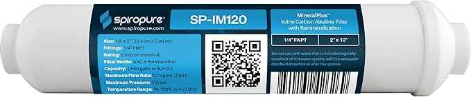 SpiroPure SP-IM120 Inline Alkaline Carbon Water Filter, MineralPlus Remineralization Filter with 1/4" FNPT 2” x 10”, Remineralizing for RO System, Refrigerators (1 Pack)
