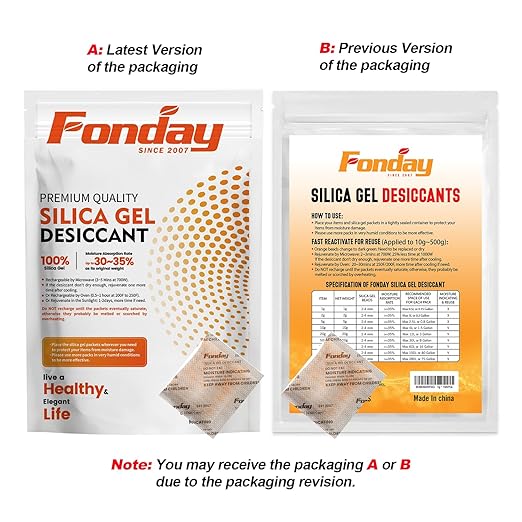 20Gram 15 Packets Fonday Rechargeable Silica Gel Desiccant Packets Food Grade Fast Reactivate Desiccant Bags Moisture Indicating Orange to Green