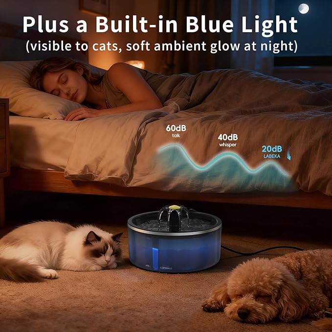 Cat Water Fountain with Dual Filtration System, 2.5L/84oz Pet Water Fountain for Cats Inside, Cat Fountain for Drinking with Ultra Quiet Pump(≤20dB)& LED Blue Light - for Pets Small Animals(8Filters)