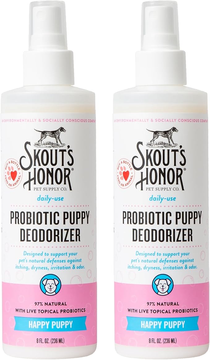 SKOUT'S HONOR Pet Deodorizer Spray- Hydrating Daily-Use with Avocado Oil & Omega-3s, Microbiome Friendly Certiified, Paraben & Sulfate-Free, 97% Natural, 8oz, Happy Puppy, 2-Pack - AquaVibe