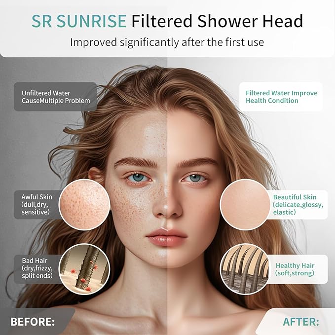 SR SUN RISE Filtered Shower Head with Filters- High Pressure Rain Shower Head,with 20-Stage shower Filter,6 Spray Modes for Hard Water Softener, Remove Chlorine (Brushed Nickel,5.5 Inch Round)