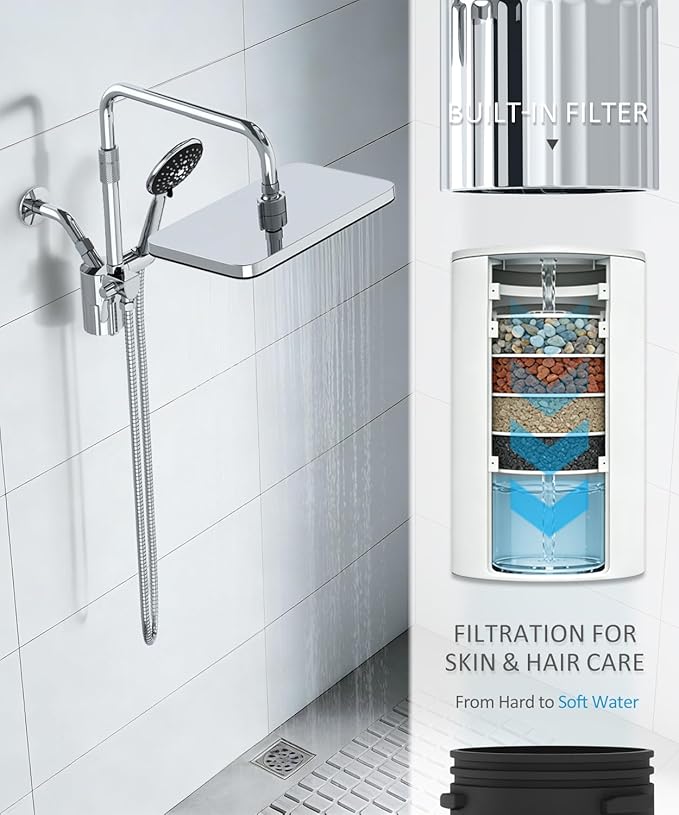 Filtered Shower Head with Handheld,12 Inch High Pressure Rain Shower Head with Adjustable Extension Arm,Dual shower filter head for hard water,Tool-Free DIY Kit,Chrome (Chrome)