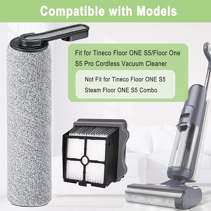 Brush and Filters Replacement Parts Accessories Compatible for Tineco Floor ONE S5/Floor One S5 Pro Cordless Vacuum Cleaner, 4 Roller Brushes, 4 Filters - AquaVibe