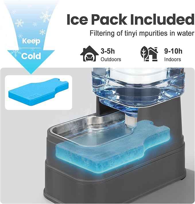 Automatic Cat Water Dispenser Gravity Stainless Steel Water Feeder Dog Waterer Feeder with Wide Mouth Bowl for Small Medium Dog Puppy Kitten (Filter &Ice Pack Included) 1Gallon Gray