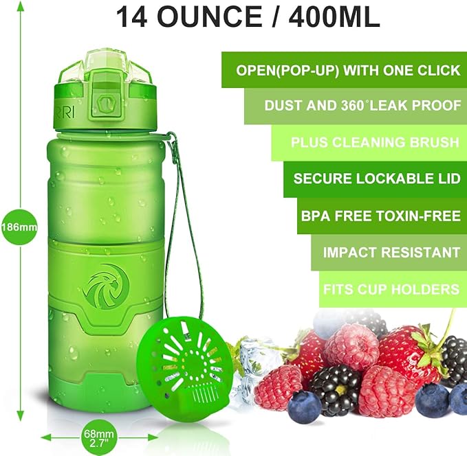 ZORRI Sports Water Bottle, 400/500/700ml/1L, BPA Free Leak Proof Tritan Lightweight Bottles for Outdoors,Camping,Cycling,Fitness,Gym,Yoga- Kids/Adults Drink Bottles with Filter, Lockable Pop Open Lid