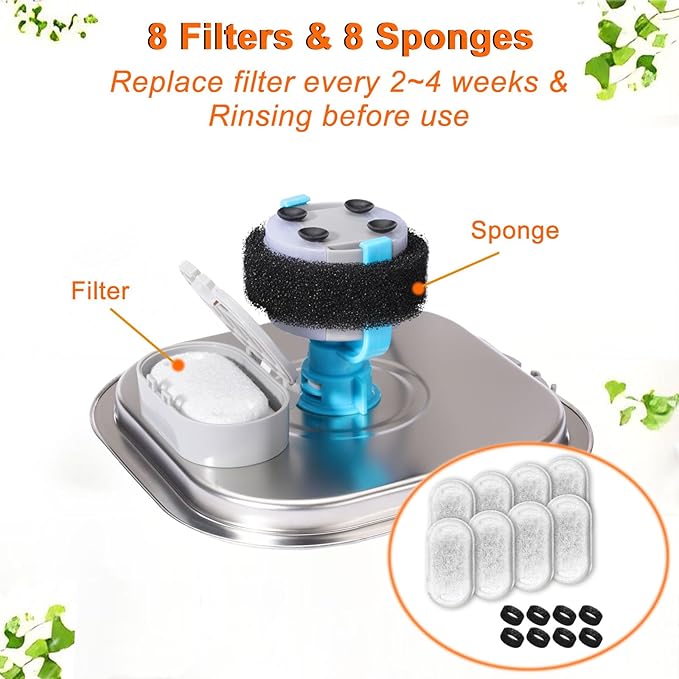 Cat Water Fountain Filters, 8 Filters+8 Sponge Replacement Filters for 108/3.2L and 67oz/2LStainless Steel Pet Water Dispenser for Dog (8 sets)