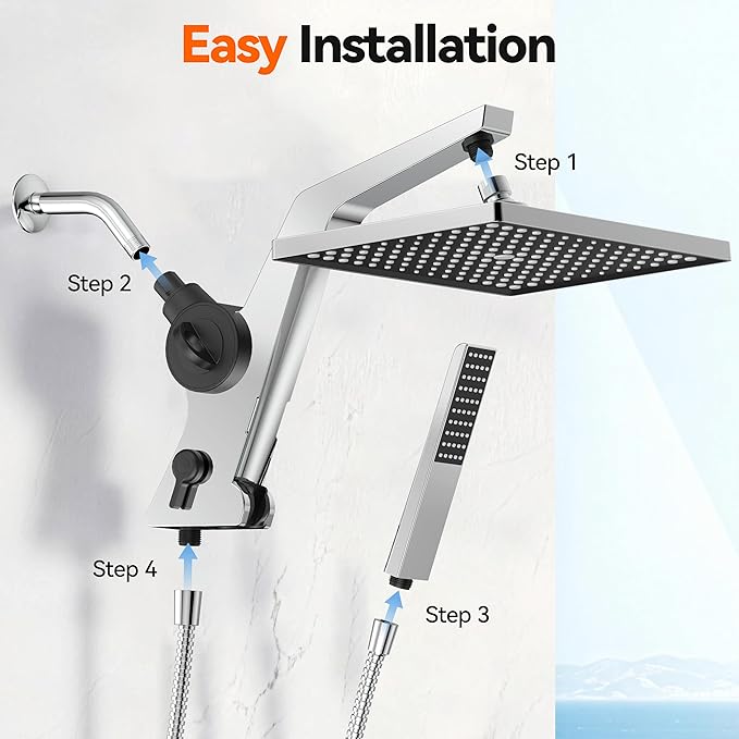 MakeFit Filtered Rain Shower Head with Handheld Combo High Pressure 12'' Rainfall Shower Heads & Hidden Detachable Wand Dual Showerhead Water Softener for Hard Water Easy Filter Replacement