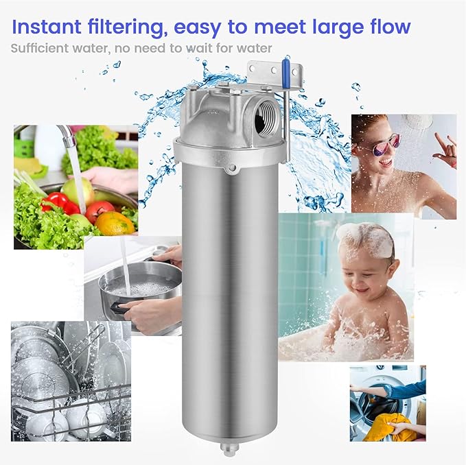 Amwater NSF/ANSI 42 Stainless Steel Whole House Water Filter Housing, 10" x 2.5" Sediment Water Filter System for Heavy Duty, Well & City Water, 3/4" NPT Port, Drain Valve Style C