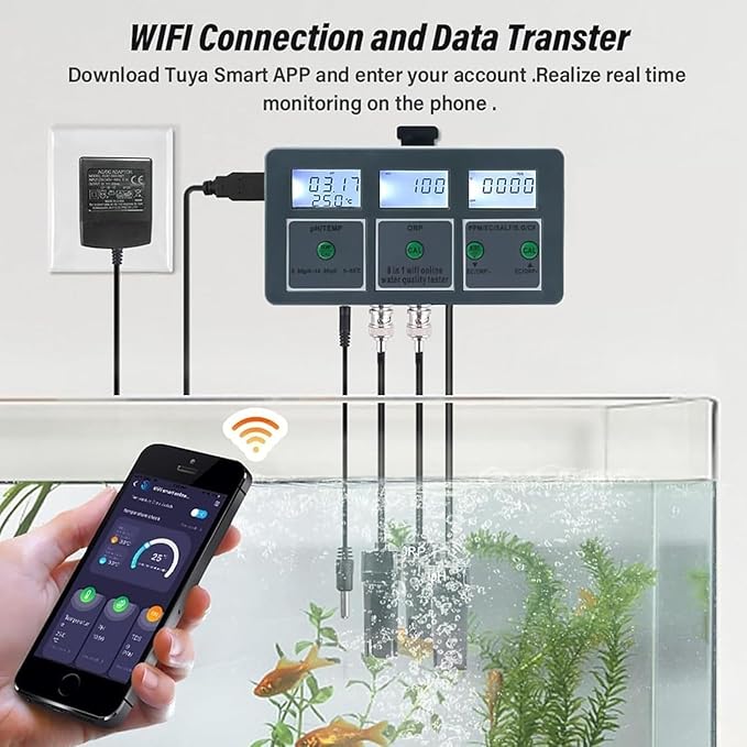 8 in 1 WiFi Smart Water Quality Meter Water Quality Tester Monitor, PH/EC/TDS/Salt/S.G/CF/ORP/Temperature Multiparameter Analyzer for Aquariums Pool Hydroponics.