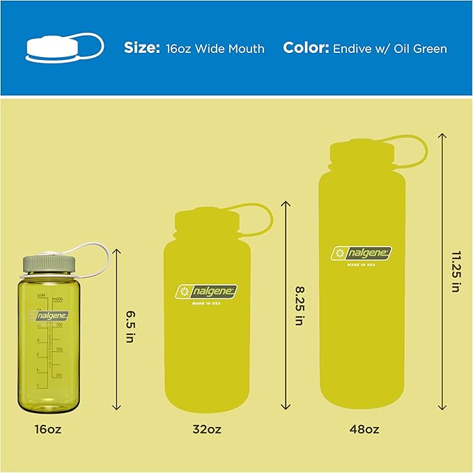 Nalgene 16 oz Wide Mouth Water Bottle | BPA-Free, Durable & Leak Proof, Lightweight, Fits In Cupholders – Thrill & Motion, Endive w/Oil Green