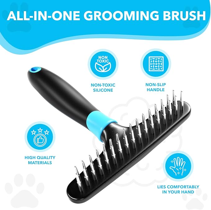 Deshedding Brush - Undercoat Rake for Dogs, Cats, Matted, Short, Long Hair Coats - Double Row Stainless Steel Pins - Reduce Shedding by 90% (Blue) - AquaVibe