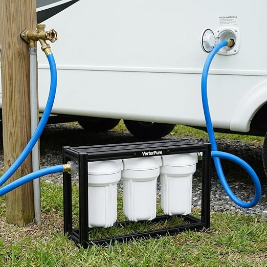 S3 Mini External 3-Stage RV Fresh Water Filter System, Compact, 5 Inch Filters, 3/4" GHT Stainless Steel Fittings, Reduce Sediment, Chlorine, Odor, All Aluminium Free-Standing Chassis, Black