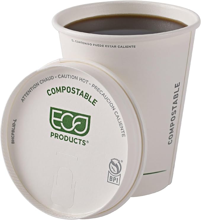 Eco-Products Compostable Paper Coffee Cup Lids, Case of 1000, White GreenStripe Tops, Fits 10-20oz Hot Cups, Lined With PLA, A Renewable Material Made from Plants, ASTM, BPI-Certified