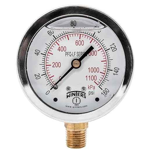 Winters 2-1/2" Dial Size, Liquid Filled Pressure Gauge, Potable Brass Internals, 304 Stainless Steel Case, Dual Scale 0-160 psi/kPa, 1.5% Acc, 1/4" NPT Bottom Mount, Drinking Water Pressure Gauge