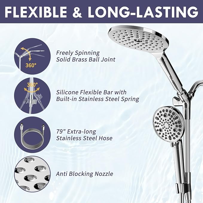 HOWUWEY Filtered Dual Shower Head with Handheld Spray Combo for Hard Water, 7.5-inch Modern High Pressure Shower Head with 9-mode Handheld and Filter, 79-inch Hose (Filtered, Chrome)