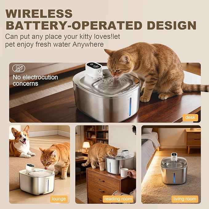 Cordless Cat Water Fountain Stainless Steel 4.5L Fountain+ 5L Automatic Cat Water Fountain with 4K Camera + Hair Removel Glove Set for Pet Dog Cat