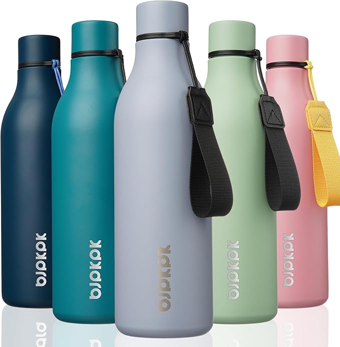 BJPKPK Insulated Water Bottles, 25 oz Stainless Steel Metal Water Bottle with Strap, BPA Free Leak Proof Jugs, Mugs, Flasks, Reusable Thermal Flasks for Sports & Travel, Mist Grey