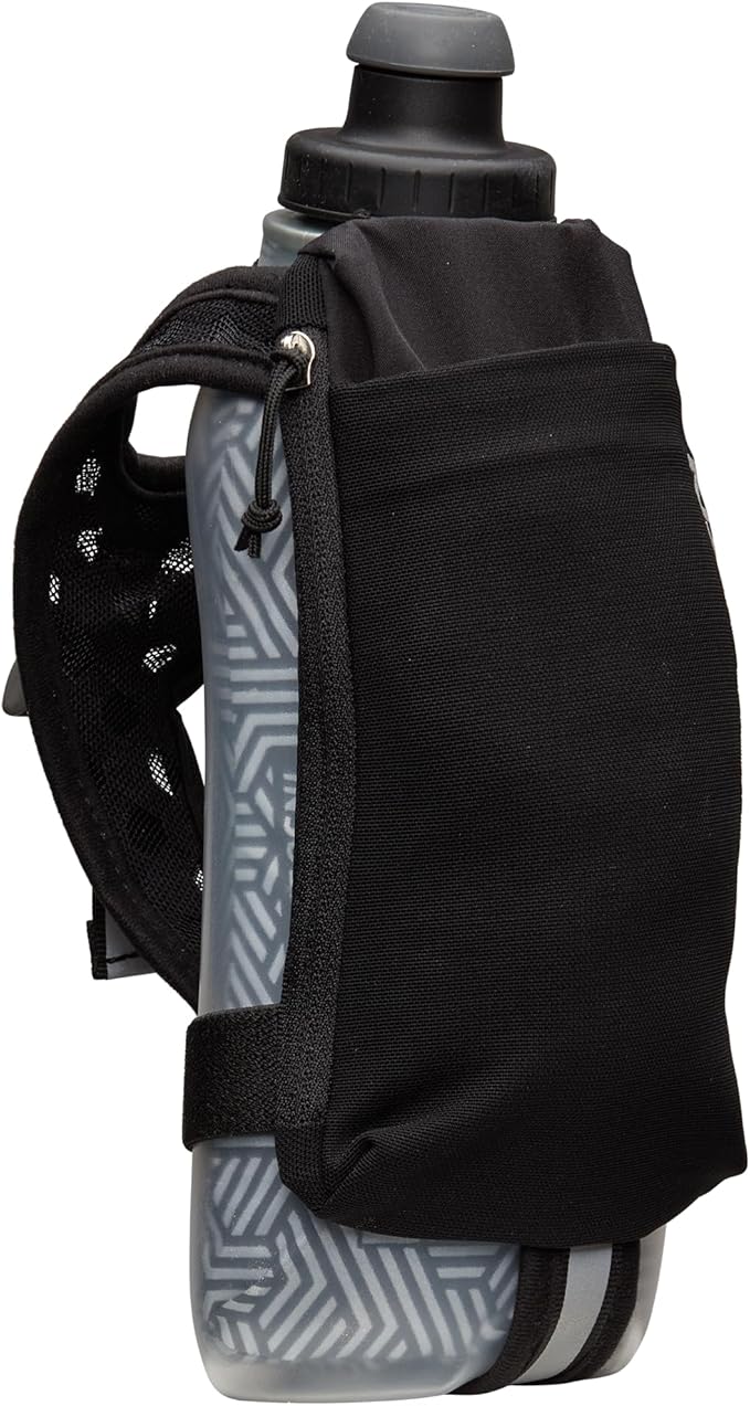 Nathan SpeedDraw 2 Insulated Handheld Running Water Bottle Flask – Double-Wall Insulation, Ergonomic Grip, Blast Valve Cap, Phone & Key Storage Pockets, Reflective Design - 18oz Insulated - Black