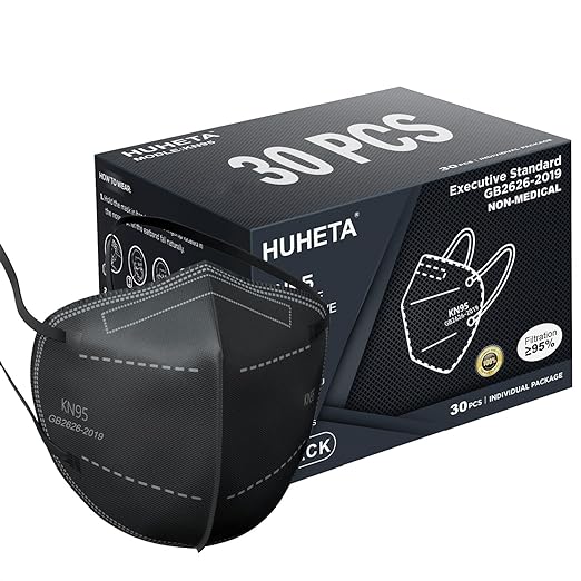 HUHETA KN95 Face Masks, Packs of 30 Individually Wrapped, 5-Ply Breathable and Comfortable Safety Mask, Filter Efficiency Over 95%, Protective Cup Dust Masks Against PM2.5 (Black Mask) - AquaVibe