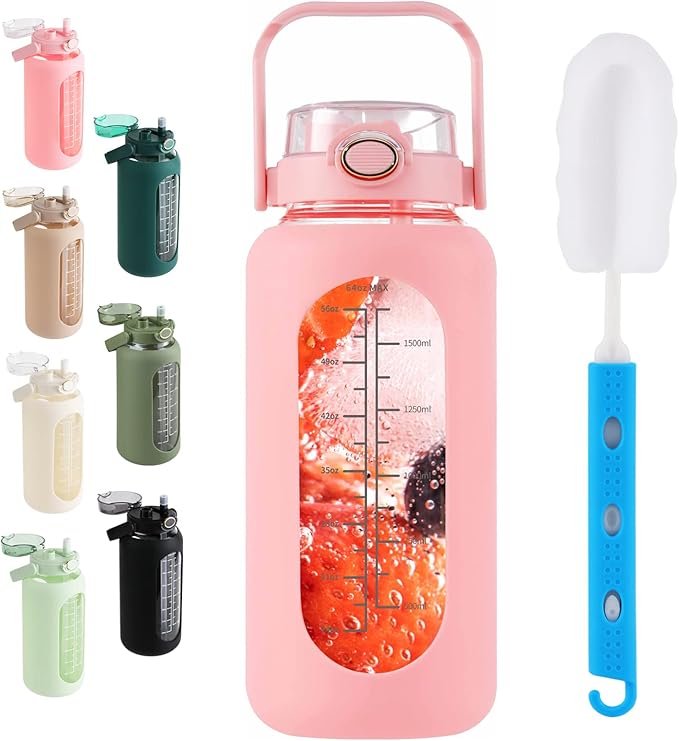 SIEROZUR 64 oz Glass Water Bottle with Straw and Handle Lid Half Gallon Motivational Glass Bottle with Silicone Sleeve and Time Marker Large Reusable Sports Water Jug for Gym Home Workout
