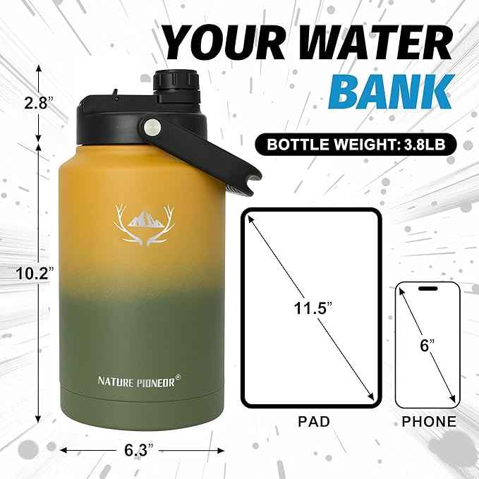 NATURE PIONEOR 1 Gallon Insulated Water Bottle - Double Vacuum Stainless Steel 128 oz Water Bottle with Holder, Wide Mouth & 2-in-1 Lid (Flip Straw & Spout), 1 Gallon Water Jug, Hiking, Camping, Gym