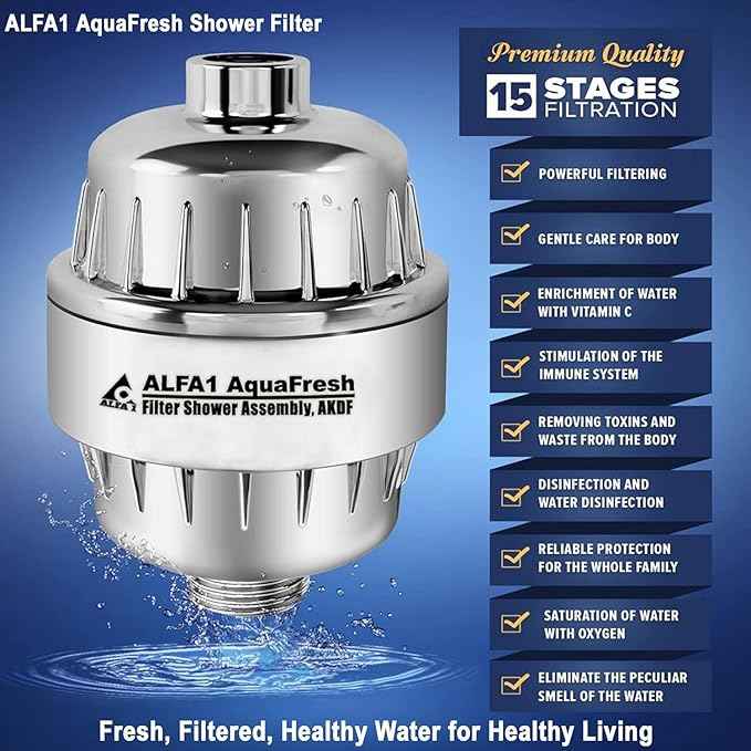 ALFA1 AquaFresh Shower Filter with 15-Stage Filtration | Tool-Free Installation | Hard Water Filter | Prevents Hair Loss | Dandruff | Skin Acne | Removes Chlorine | Universal Fit for All Showers