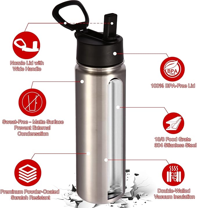Volhoply Insulated Water Bottles with Straw Bulk 4 Pack, 22 oz Stainless Steel Sports Bottle with Handle Lid, Double Walled Vacuum Travel Water Cups with Wide Mouth for School Hiking(Silver,4 Set)