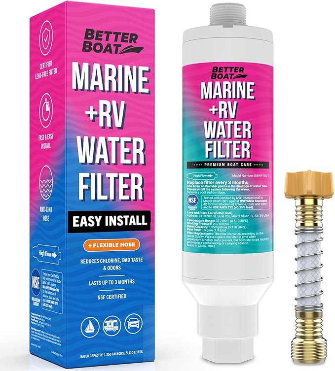 Better Boat Inline RV Water Filter, NSF Certified, Marine Grade, for Hose, Campers, and Garden, Includes Flexible Protector