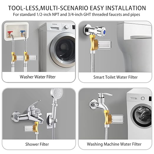 Upgraded Reusable Brass Washing Machine Water Filter, 40 Micron Visible Washer Water Filter System, for Washing Machine, Heater, Camping, Garden, Anti Scale Protecting Sediment Filter