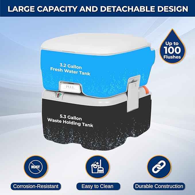 SereneLife 5.2 Gal Portable Camping Toilet For Adults, 100+ Flushes, Porta Potty Camp Toilet with Detachable Waste Tank, Level Indicator, Carry Bag, Suitable for Camping, Hiking, and Boating