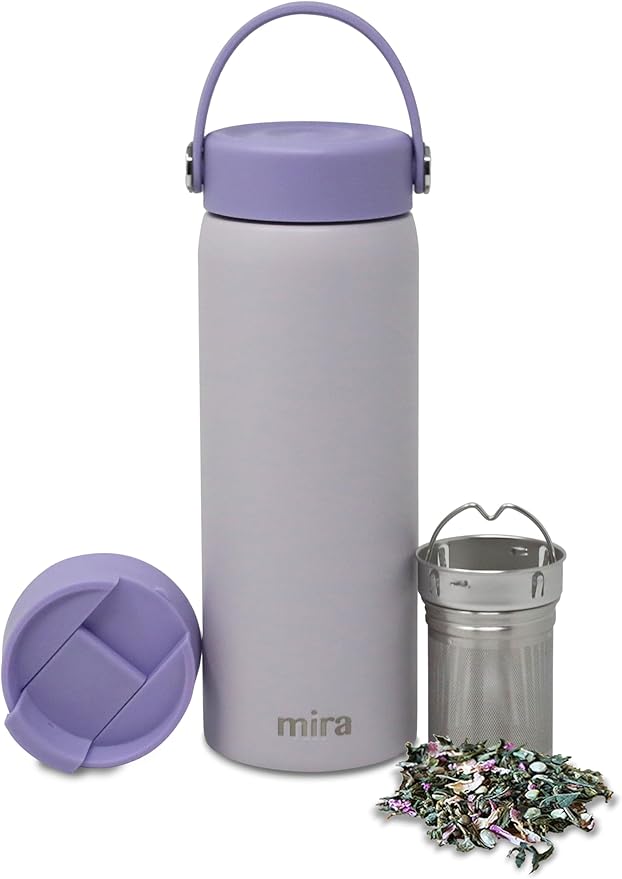 MIRA 18 oz Tea Infuser Thermo - Stainless Steel Travel Bottle with Removable Strainer for Loose Leaf Tea - Insulated Hot & Cold Brew Steeper - Heather