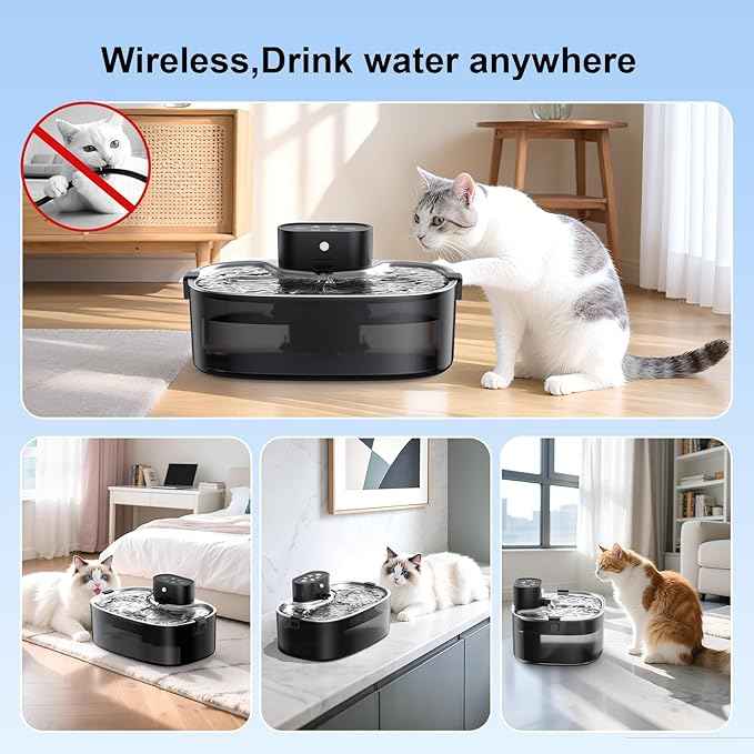 No Pump Wireless Cat Water Fountain,112oz/3.3L Whisper Quiet Pet Water Fountain, Easy-to-Clean for Cat Drinking with 3-Pack Replaceable Filters,Stainless Steel Tray, for Cats, Dogs