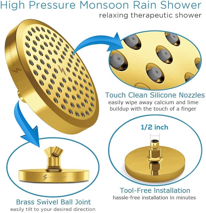 SparkPod Shower Head - High Pressure Rain - Premium Quality Luxury Design - 1-Min Install - Easy Clean Adjustable Replacement for Your Bathroom Shower Heads (Egyptian Gold, 6 Inch Round) - AquaVibe