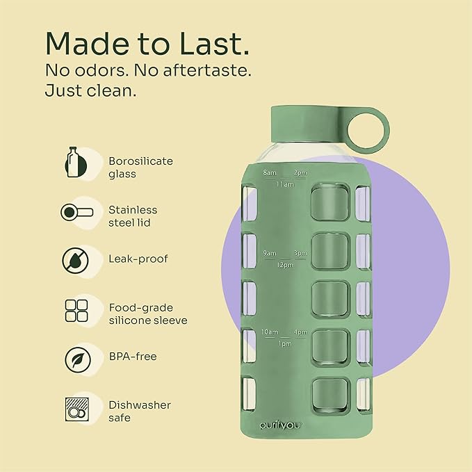 purifyou 40oz / 32oz / 22oz / 12oz Borosilicate Glass Water Bottle with Time & Volume Markers, Silicone Sleeve, Stainless Steel Lid | Reusable Glass Bottle for Water & Juice (22oz Shale Green)