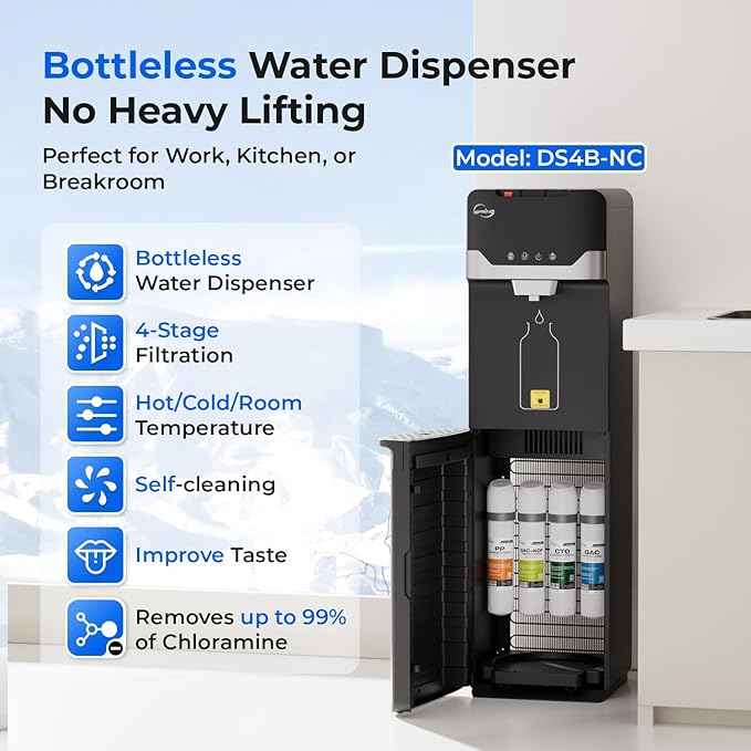 iSpring Bottleless Water Dispenser with Built-in 4-Stage Filtration, Chloramine Removal, Water Cooler Dispenser - Hot, Cold, Room Temp, Self Cleaning, Black，Model: DS4B-NC