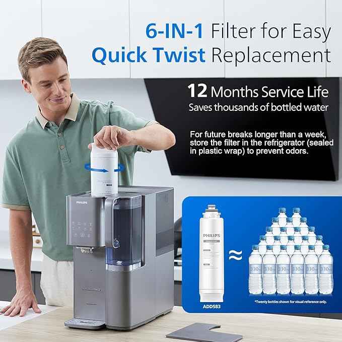 PHILIPS Reverse Osmosis Water Filter Countertop ADD6928DG/37(Cold&Hot), 6-Stage Mineralization Filtration System with Aquaporin Tech, Large Capacity for Family, 6L Tank,1.8L Jug, Reduce TDS