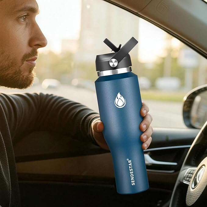 SENDESTAR 40oz Stainless Steel Water Bottle(Cold for 48 Hrs, Hot for 24 Hrs),Double Wall Vacuum Insulated Bottle with Straw Lid, Spout Lid and Flex Cap, Fit in Any Car Cup Holder，Navy