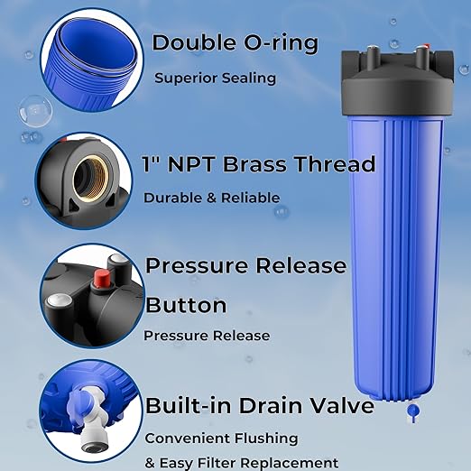 20" x 4.5" Whole House Water Filter Housing with Bottom Drain Port - 1" NPT Brass Ports, BPA-Free Blue Sump, Double O-Ring Leak-Proof - Fits All Standard 20x4.5 Filters