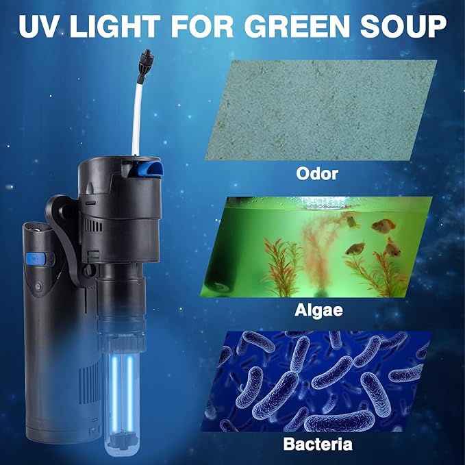 UV Aquarium Filter Uv Sterilizer For 21-53 Gallon Fish Tank 185GPH, 20 Watt Submersible Internal Pump Uv Sterilizer For Salt Water Aquarium 4.9FT Cord | Marine Aqua,Turtle Tank Green Killing Machine - AquaVibe