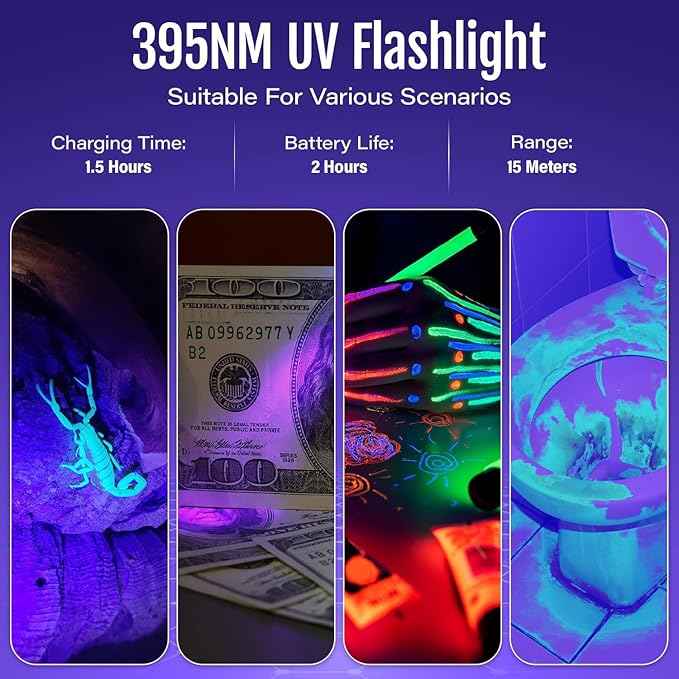 Black light UV Flashlight Rechargeable, 395nm Mini Zoomable Blacklight Woods Lamp, Portable But Powerful USB Ultraviolet Flashlights for Pet Urine Detection, Home, Scorpions, Resin Curing, Leak