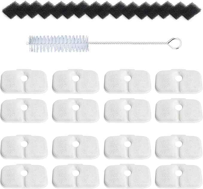 16 Pack Fountain Replacement Filters & 16 Pack Pre-Filter Sponges and a Cleaning Brush for PETLIBRO® Dockstream Cat Water Fountain PLWF005, PLWF105, PLWF115.