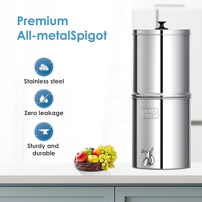 AQUA CREST Gravity Water Filter System, 304 Stainless Steel Countertop System with 6 Filters and Anti-Slip Stand, Reduce Fluoride and Chlorine, 2.25G, for Home, Camping, RVing, Off-Grid, Emergencies