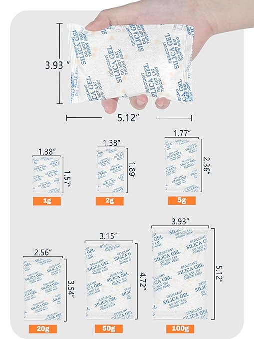 100 Gram 5 Pcs (Color-Indicating) Silica Gel Packets, Premium Food Grade Desiccant, Rechargeable Moisture Absorbers for Car, Storage Bins, Suitcase, Safe, 3D Filaments, Electronics