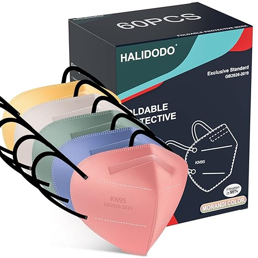 HALIDODO Individually Wrapped, 60 Packs KN95 Face Mask, 5-Ply Breathable Comfortable Safety Mask with Over 95% Filtering, Morandi Multi Color - AquaVibe